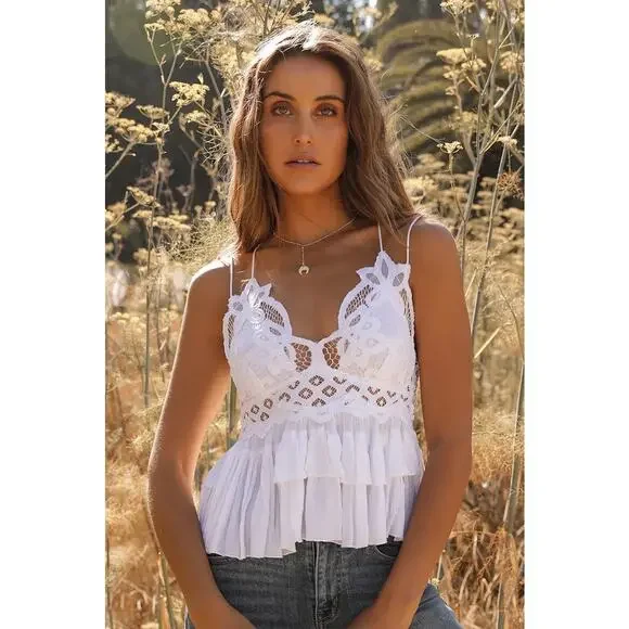 NWT Free People Adella Lace Cami Ivory Boho Peplum Crochet Tank Small Coquette - Picture 2 of 15